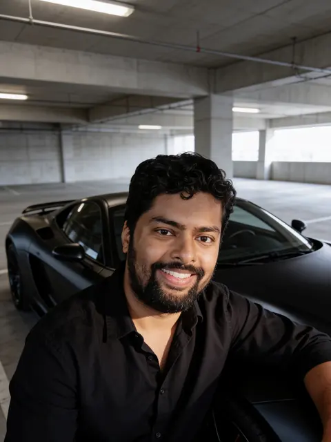 With a black sports car
